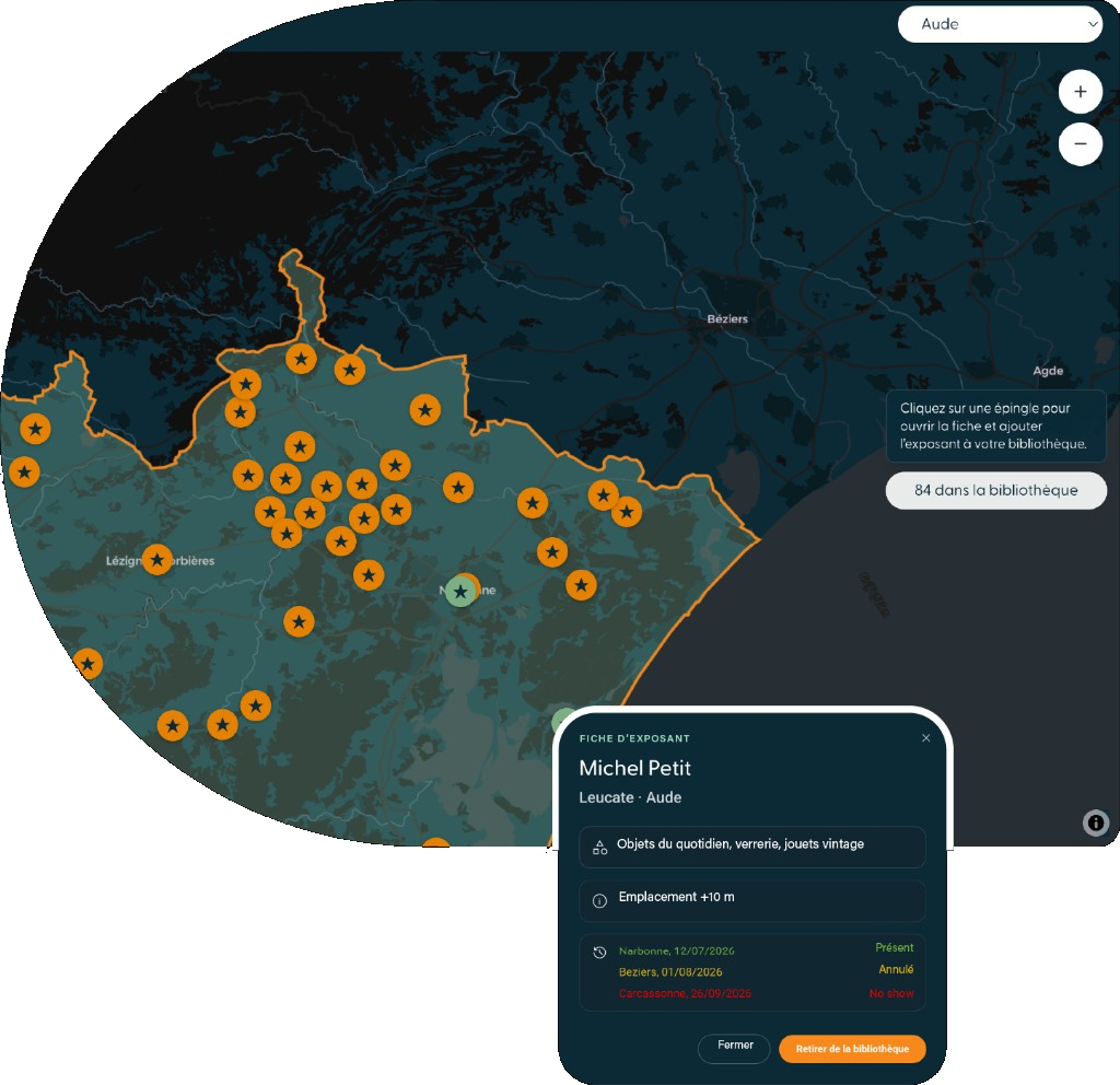 Carte des exposants Trovi avec une fiche d’exposant ouverte